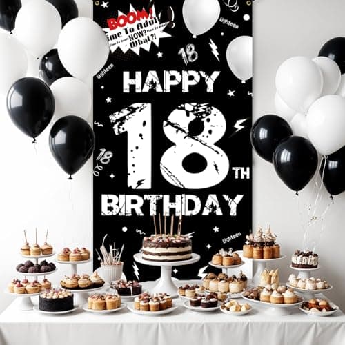 Fabric 18th Birthday Backdrop Banner Black White, Happy 18th Birthday Decoration for Men Women, 18 Year Old Birthday Party Yard Sign Photo Props Door Decor Supplies for Outdoor Indoor