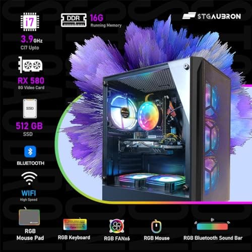 STGAubron Gaming PC Desktop Computer, Intel Core I7 up to 3.9 GHz, Radeon RX 580 8G, 16G RAM, 512G SSD, WiFi, Bluetooth 5.0, RGB Fan x6, RGB BT Sound Bar, Windows 10 Home