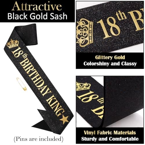 TOBATOBA 18th Birthday King Sash 18th Birthday Decorations for Boys, Gold Foil Black Satin Birthday Sash for Boys 18th Birthday Gift for Boys 18th Birthday Party Favors Decorations