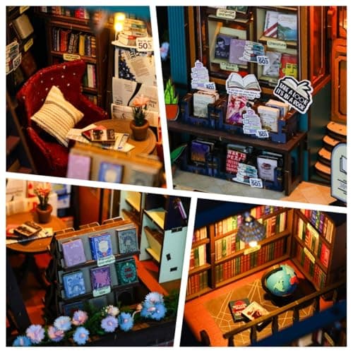 DIY Book Nook Kit with Music Box, Wooden 3D Puzzle Dollhouse with LED, Miniature House Kit Bookends for Adult and Teen, Bookshelf Decor, Creative Gift for Friends and Family. Soul Bookstore