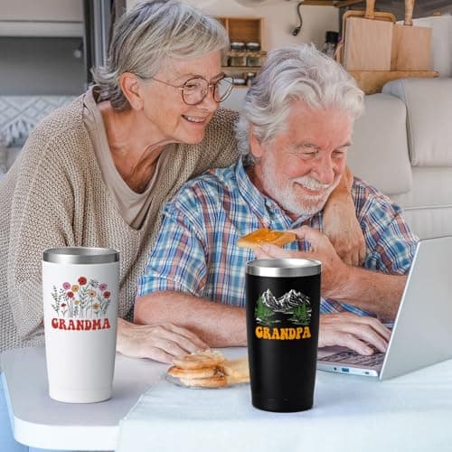 Qtencas Grandma and Grandpa Gifts, Grandparents Christmas Gifts, Grandpa and Grandma insulated Travel Tumbler Set, Gift for Grandparents on Christmas Birthday Anniversary, 20 Oz Black & White