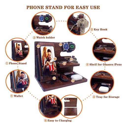 Gifts for Men Women Brother Boss Boyfriend Him Nightstand Organizer Gifts for Dad from Daughter Son Wood Phone Docking Station (Dark Brown)