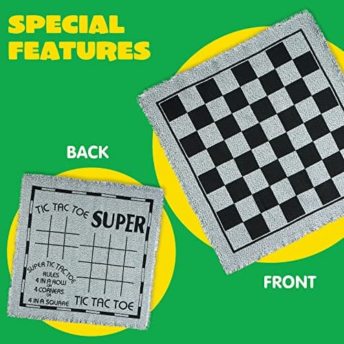 3-in-1 Vintage Giant Checkers, Tic, Tac, Toe, with Reversible Mat, 24 Chips, Family Board Game, Lawn Game, BBQ Party Favor, Indoor and Outdoor Activity for Kids and Adults