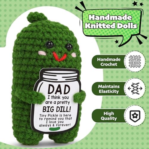 Fathers Day Gifts from Daughter or Son - Funny Crochet Pickle Plush with Big Dill Card - Unique Handmade Gift for Dad, Birthday, Christmas, New Dad Present