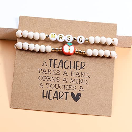 Personalized Teacher Bracelet for Women, 2 Pcs Initial Mrs Miss Ms Teacher Appreciation Gifts With Card From Student Friends, Thank You TEACH Gift for Women