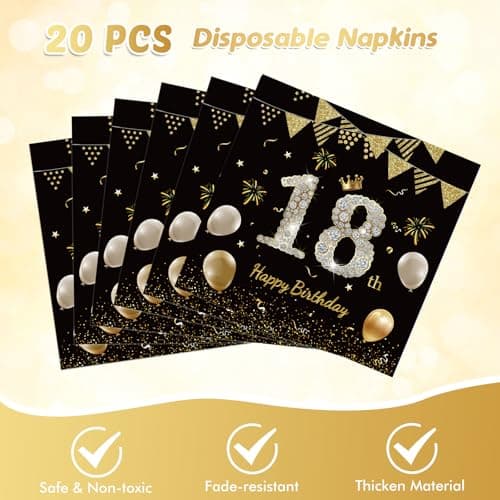41Pcs 18th Birthday Decorations for Boy Girls, Black Gold 18 Year Old Happy Birthday Girl Decorations include Plates Napkins Tablecloth for Official Teenager 18th Birth Party