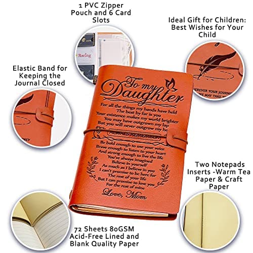 Daughter Gift from Mom, To My Daughter Leather Journal, 140 Page Refillable Writing Journal, Christmas Birthday Gifts for Daughter from Mom, Mother Daughter Gifts for Adults Daughter