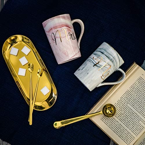 Jumway Mr and Mrs Coffee Mugs - Wedding Gifts for Bride and Groom - Gifts for Bridal Shower Engagement Wedding and Married Couples Anniversary - Ceramic Marble Cups 14 Oz Pink