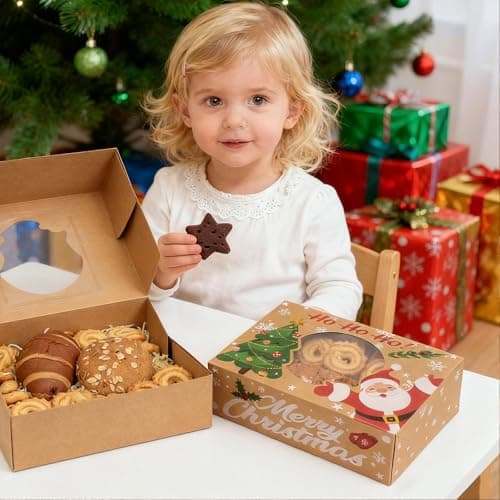 24 Pack Christmas Cookie Boxes - 8.25"x6"x2.75" Brown Kraft Bakery Box with Window for Holiday Treats, Gift Exchange Box for Baked Goods, Cookie Tins with Lids for Gift Giving