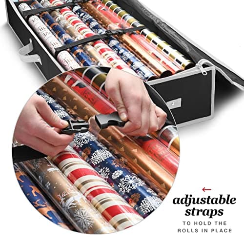 Wrapping Paper Organizer Storage for Christmas Gifts Wrapping Paper (6 Colors) Underbed Storage Container with Interior Pockets, Fits 24 Rolls