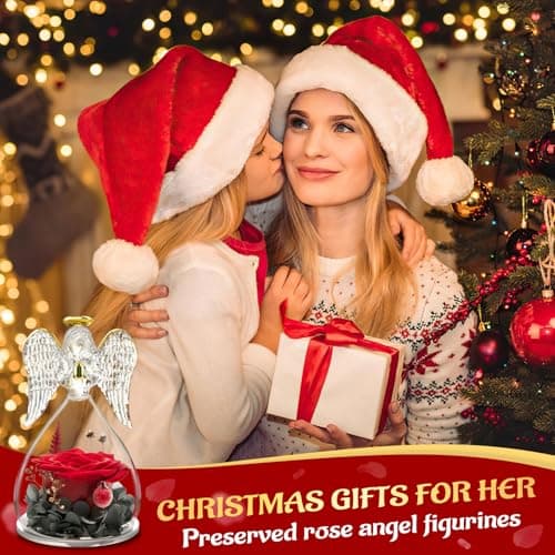 Miofula Preserved Flower Rose Birthday Gifts for Mom, Angel Figurines with Forever Real Rose Gifts for Her Mom Grandma, Unique Angels Gifts for Mothers Day Christmas Anniversary Birthday (Red)