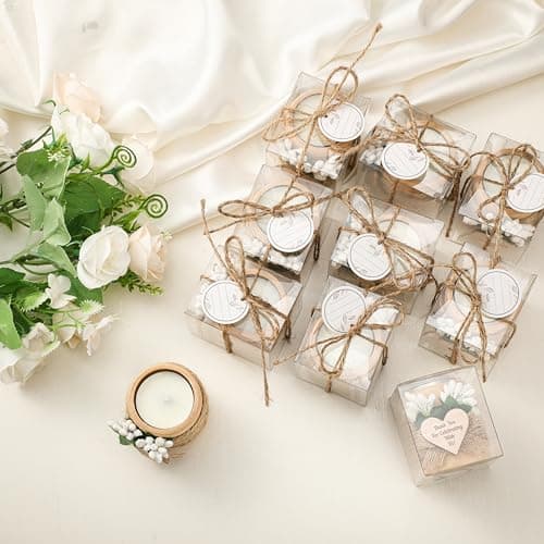 MTLEE 16 Pack Wooden Tealight Candle Holders Kit Guest Gifts for Wedding Baby Shower Bridal Shower Baptism Christening Housewarming Party Handmade Thank You Candle with Card Box Rope(Classic)