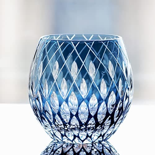 JINZHI Japanese Style EDO Kiriko Whiskey Glasses 11OZ Unique Shape Colored Hand Carved Glass Tumbler for Bourbon Lovers - Style Glassware for Rum - Rocks glasses in Gift Box (Blue)