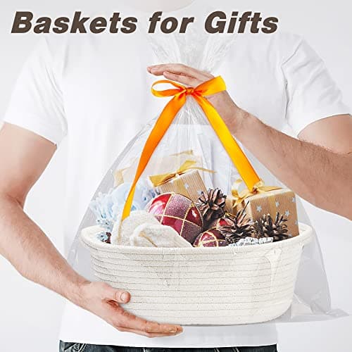 Pro Goleem Small Woven Basket with Gift Bags and Ribbons Durable Baskets for Halloween Gifts Empty Small Rope Basket for Storage 12"X 8" X 5" Baby Toy Baskets with Handles, White