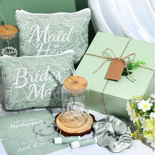 54 Pcs Bridesmaid Proposal Gifts, Maid of Honor Gift Include Wedding Gift Box Makeup Bag Invited Card Glass Cup Lip Balm Scrunchie Bracelet for Bridal Shower Bachelorette Party(Green)