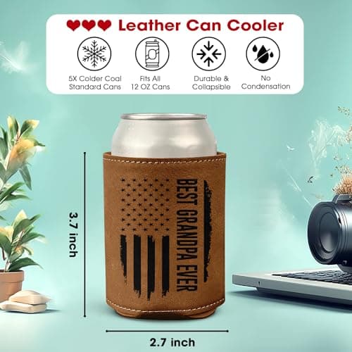 Best Grandpa Ever Gifts - Christmas, Birthday Gift For Grandpa From Granddaughter, Grandson, Kids - 12Oz Fit Collapsible Leather Beer Can Cooler Holder