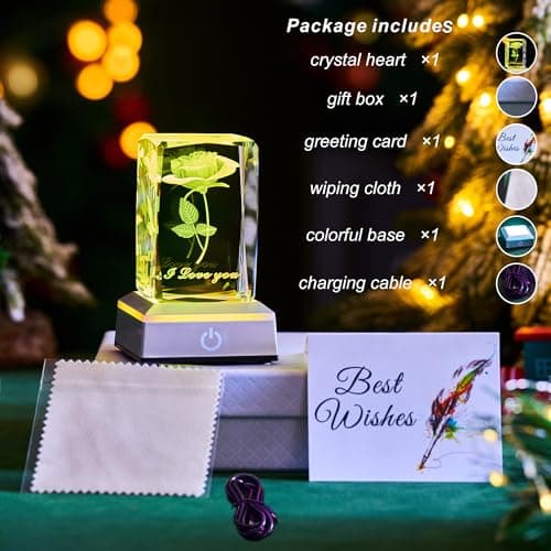 3D Rose Crystal Night Lamp with Adjustable LED Lights - I Love You, Mothers Day Gifts Ideas for Mom Valentines Day, Anniversary, Birthday Gift for Her, Wife, Girlfriend