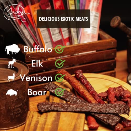 Jerky.com Jerky.com Exotic Meat Sticks Gift Bag | Wild Game Jerky Sampler with Venison, Elk & Wild Boar | 12pc High Protein Meat Snacks Variety Pack | Unique Gift Basket for Men, Dad, Hunters, Outdoorsmen