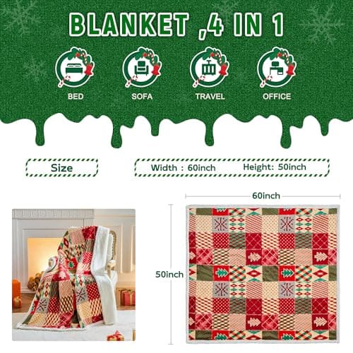 Christmas Throw Blanket, Christmas Decorations Gifts for Women, Sherpa Flannel Fleece Winter Holiday Blanket, Fluffy Cozy Soft Christams Throws for Couch Sofa Bed, ChristamsRhombus, 50" X 60"