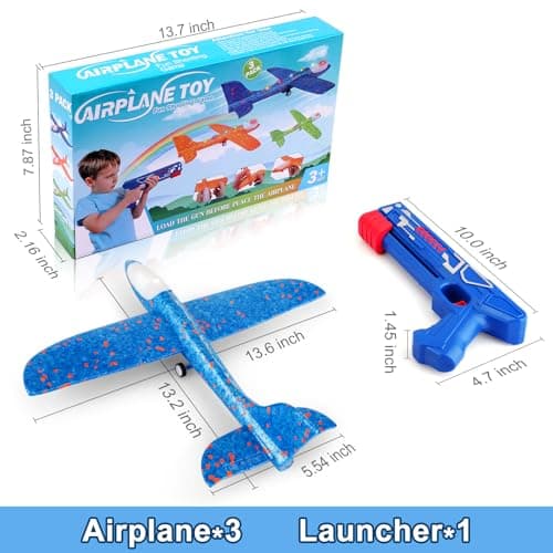 Fuwidvia 3 Pack Airplane Launcher Toys, 13.2'' LED Foam Glider Plane Toy for Boys, 2 Flight Modes Outdoor Flying Toys Birthday Gifts for Boys Girls 4 5 6 7 8 9 10 11 12 Year Old (Blue&Green&Orange)