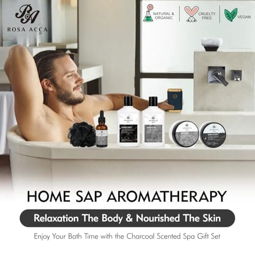Father's Day Bath and Body Gift Basket for Men and Women, 23pcs Charcoal Luxury Home Spa Kit for Mother in Cosmetics Leather Bag, Face Oil, Birthday Gift, Self Care, perfect for Christmas, Holiday
