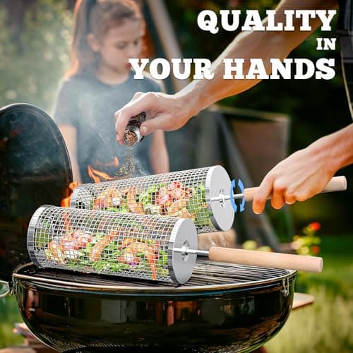 Rolling Grill Basket, Removable Wooden Handle, 304 Stainless Steel, Nesting Smoker Net, BBQ Accessories Tools for Vegetable Shrimp, Outdoor Cooking Camping, Birthday Gifts for Men Dad Husband