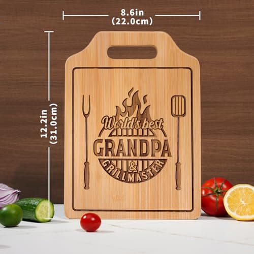 AceThrills Grandpa Gifts for Grandpa Birthday, Christmas, Fahthers Day - Grill Master Engraved Bamboo Cutting Board 12.3"L x 8.7"W x 0.4"Th (World's Best Grandpas)