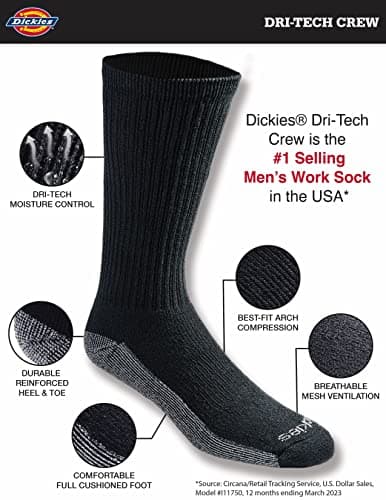 Dickies Men's Dri-Tech Original Moisture Control Crew Socks, Available in M-XXL (6, 12, 18 Pairs)