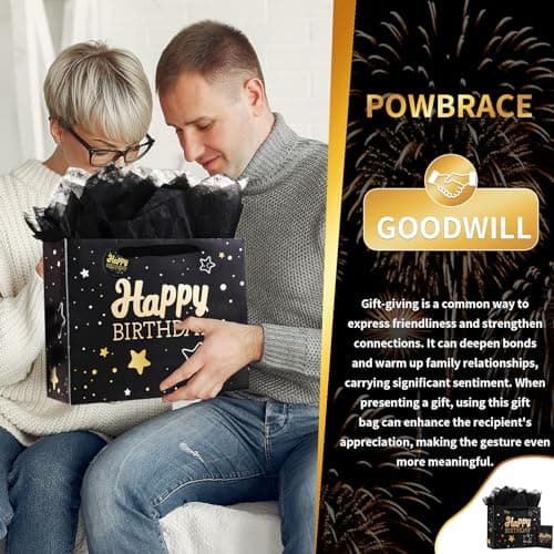 Black Birthday Gift Bag with Tissue Paper and Greeting Card, 13'x10.2'x4.9', Medium (1-Piece Set, Black Starry Sky, Unisex, Includes Card, Ribbon, Crinkle Paper)