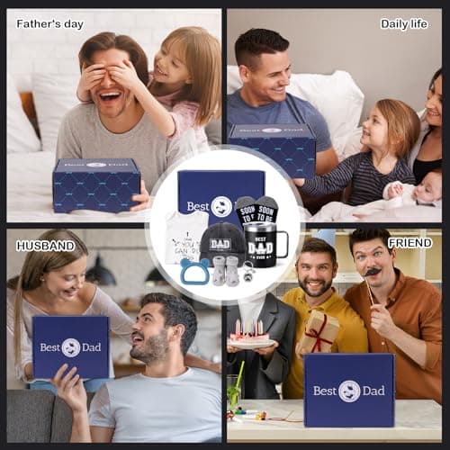 New Dad Gifts Box, 9 Pcs First Time Dad Gifts, Dad to Be Gifts for 1st Time with Tumbler Hat Onesie Socks Keychain for Baby Shower，Unique Kit for Soon to Be or Expecting Father