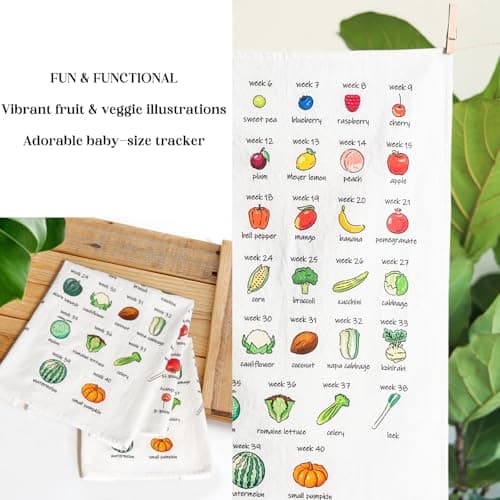 Baby Size Tea Towel - Weekly Baby Growth Tracker In Fruit & Veg First Time Mom To Be Musthave Pregnancy Announcement Congratulation Pregnancy Gift For Expecting Parents Couple Countdown Maternity Gift