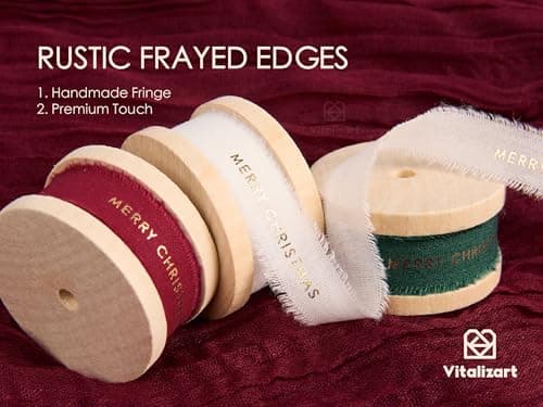 Vitalizart Merry Christmas Ribbon 5/8 Inch Natural Cotton Handmade Frayed Fringe Ribbons 15 Yd for Gift Wrapping Crafts Flower Wreath Garland Holiday Decorations Green Red White