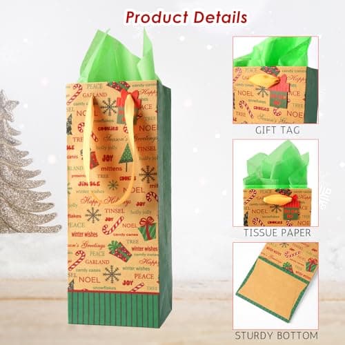 Nihuecne 16 Pack Christmas Wine Bags with Tags & Tissue Paper for Xmas Holiday Gift Wrap,8 Designs (5 x 13 x 4 In)