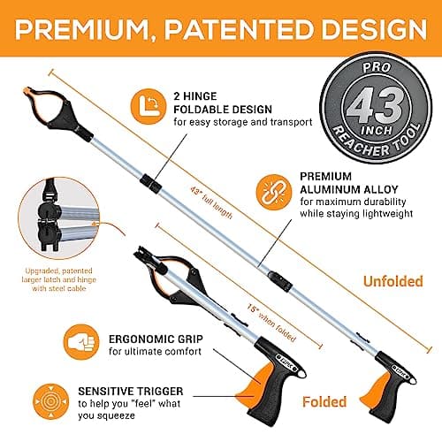 EZPIK Pro 43" Foldable Grabber Reacher Tool for Seniors - Grabbers for Elderly Reaching Tool Heavy Duty Pickup Trash Picker Upper Equipment - Claw Grabber Stick for Reaching Aids, Weed Gripper