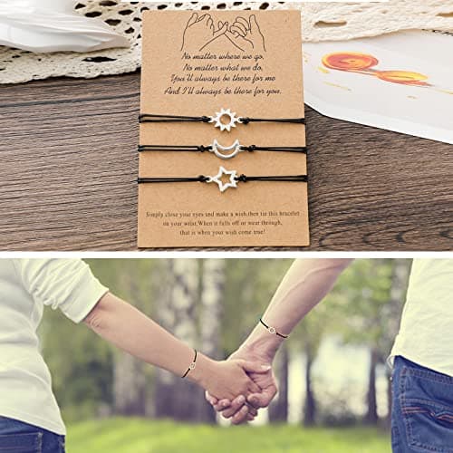 GUMOTCY 3 PCS Friendship Bracelets for 3 Best Friend Couples with Moon Sun Star Adjustable Handmade Cord Relationship Bracelets