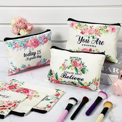 Pinkunn 16 Pcs Canvas Makeup Bags Bulk Inspirational Gift Quotes Cosmetic Bags with Zipper Encouragement Travel Toiletry Pouch Appreciation Gift for Women Girls Birthday Party Favors(Flower)
