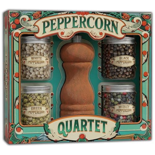 Gourmet Peppercorn Gift Set with Wooden Pepper Mill in Gift Box - 4 Variety (Green, Black, White, Medley). Unique Christmas Gifts for Dad Gifts Stocking Stuffers for Adults Mother Day Fathers Day