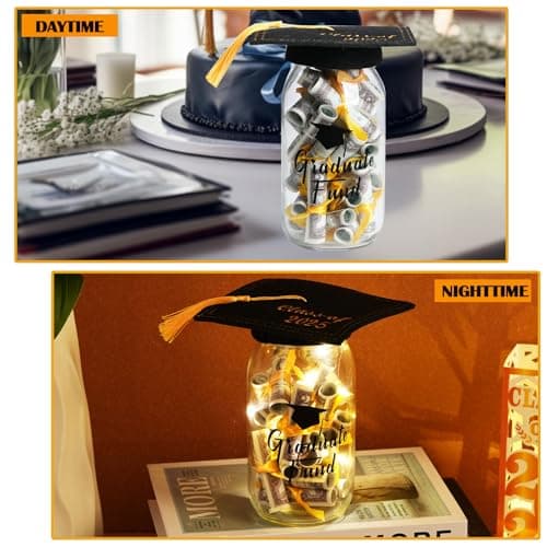 2025 Graduation Gifts for Her/Him- Lighted Graduation Mason Jar Filled with Money & Class of 2025 Cap Kit,Graduation Decorations Class of 2025 Graduation Centerpieces, Money Gift Ideas for Boys Girls