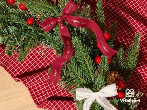 Vitalizart Merry Christmas Ribbon 5/8 Inch Natural Cotton Handmade Frayed Fringe Ribbons 15 Yd for Gift Wrapping Crafts Flower Wreath Garland Holiday Decorations Green Red White