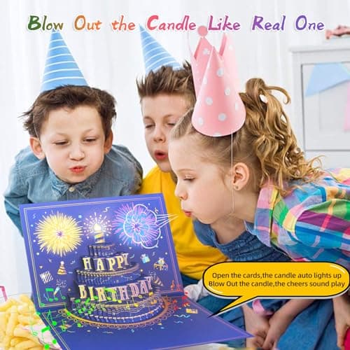 UPGRADED 3D Pop Up Firework Birthday Cards, Musical LED Lights Birthday Cards with Blowable Birthday Cake, Greeting Cards, Birthday Gifts for Mom Women Men Kids Child Dad Father Wife
