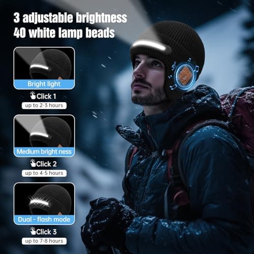 Bluetooth Beanie with Light, Headlamp Hat with Headphones and Built-in Speaker Mic, Unique Christmas Gifts for Men Husband