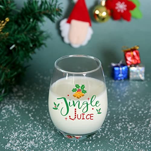 Jogskeor Jingle Juice Christmas Wine Glass, 15 Oz Christmas Stemless Wine Glass for Friends Women Men, New Year Gift Idea for Christmas Wedding Party