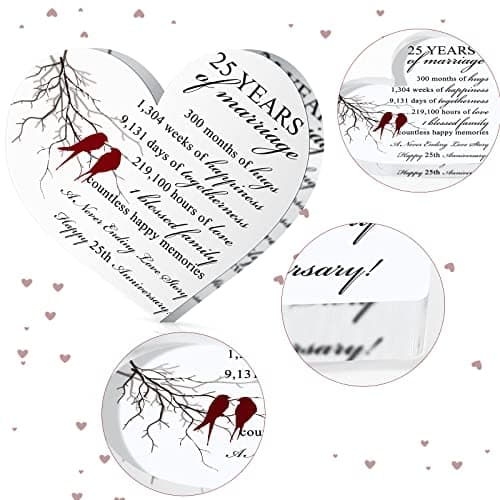 Qunclay 25th Years of Marriage Gift Wedding Anniversary Souvenir Heart Marriage Keepsake Decoration Present for Couple Parent Women Mom Husband Wife He She Friend Grandparents