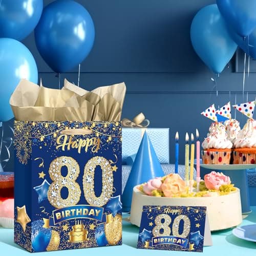 Blue 80th Birthday Gift Bag, Large Navy Blue and Gold Happy 80th Birthday Gift Wrap Bag with Card and 3pcs Tissue Paper for Men Women 80 Years Old Anniversary Party Favors Goodie Wrapping Bag Supplies