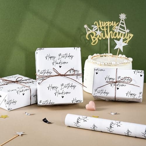 WRAPAHOLIC Birthday Wrapping Paper for Men - Mini Roll - 17 Inch x 16.5 Feet - Happy Birthday Handsome Design for Special Friend, Boyfriend, Husband
