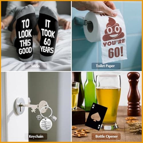 60th Birthday Gifts for Men Whiskey Glass Set, 60th Birthday Party Supplies with 11 Oz Whiskey Glass Coaster Stone Baseball Cap Apron Sock Funny Toilet Paper Keychain for Him, Dad, Husband, Friends