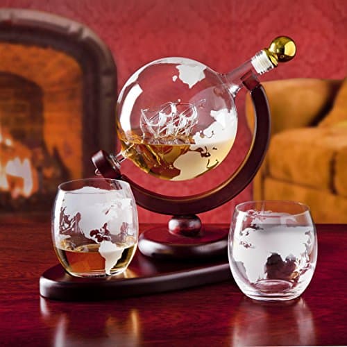 Gifts for Men, Whiskey Decanter Globe Set with 2 Etched Whiskey Glasses - for Liquor Scotch Bourbon Vodka, Gifts For Dad - 850ml