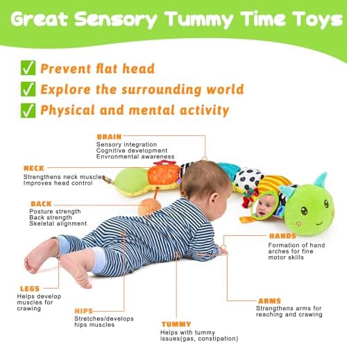 Baby Sensory Toy 0-6 Month Music Animal Stuffed Plush Caterpillar Toy for Infant 0-3-6-12 Month Old Tummy Time with Baby Mirror Crinkle Rattle Carseat Toys for Newborn Boys Girl Shower Gifts