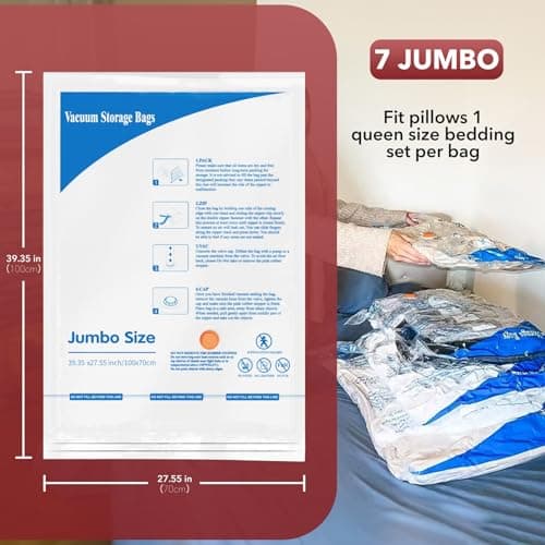 Vacuum Storage Bags 7 Jumbo, Space Saver Sealer Bags,Plastic Packaging Bags,Compression Bags for Clothes, Pillows, Comforters, Blankets, Bedding,No pump included