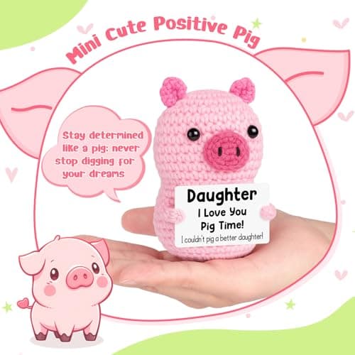 Funny Positive Pig Gifts for Daughter Birthday Christmas, Handmade Crochet Emotional Inspirational Pink Pig for Daughter Teens Adult, Daughter Gifts for Birthday Graduation Christmas Cute Decor